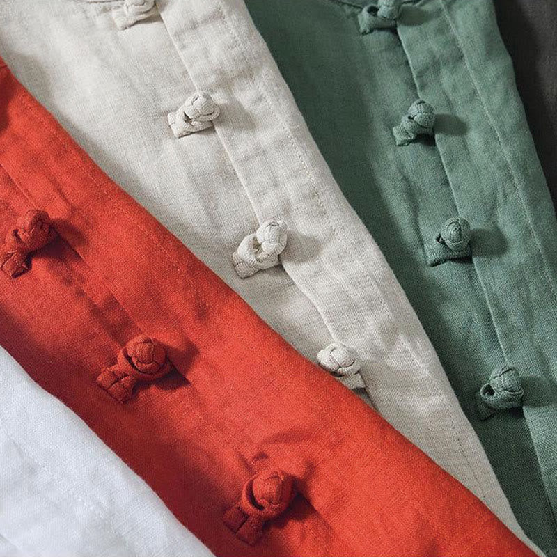 Buddha Stones Daily Herrenhemd aus Leinen mit Froschknöpfen und Stehkragen, kurzärmlig - image 29