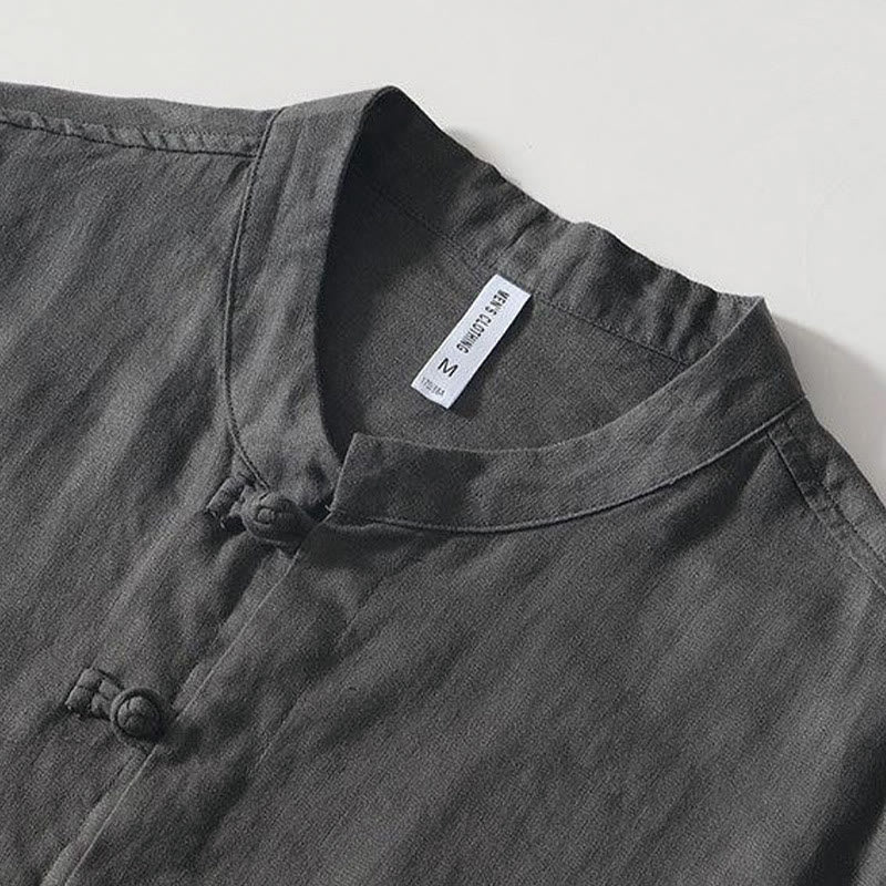 Buddha Stones Daily Herrenhemd aus Leinen mit Froschknöpfen und Stehkragen, kurzärmlig - image 3