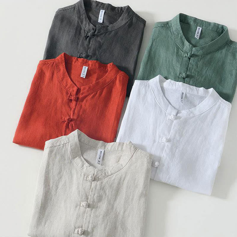 Buddha Stones Daily Herrenhemd aus Leinen mit Froschknöpfen und Stehkragen, kurzärmlig - image 30