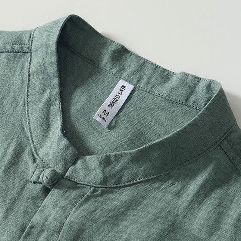 Buddha Stones Daily Herrenhemd aus Leinen mit Froschknöpfen und Stehkragen, kurzärmlig - image 20