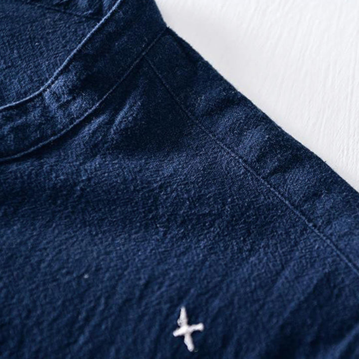 Buddha Stones Froschknopf Mandarin Kragen Stickerei Baumwolle Leinen Kurzarm Herrenhemd