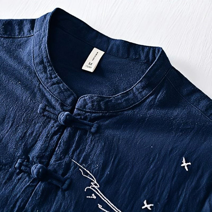 Buddha Stones Froschknopf Mandarin Kragen Stickerei Baumwolle Leinen Kurzarm Herrenhemd