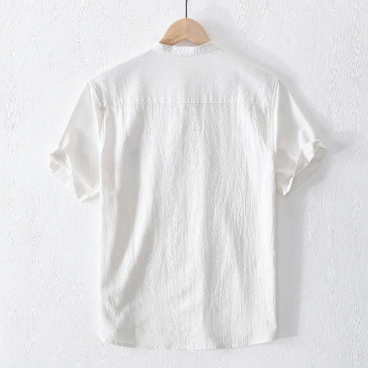 Buddha Stones Froschknopf Mandarin Kragen Stickerei Baumwolle Leinen Kurzarm Herrenhemd