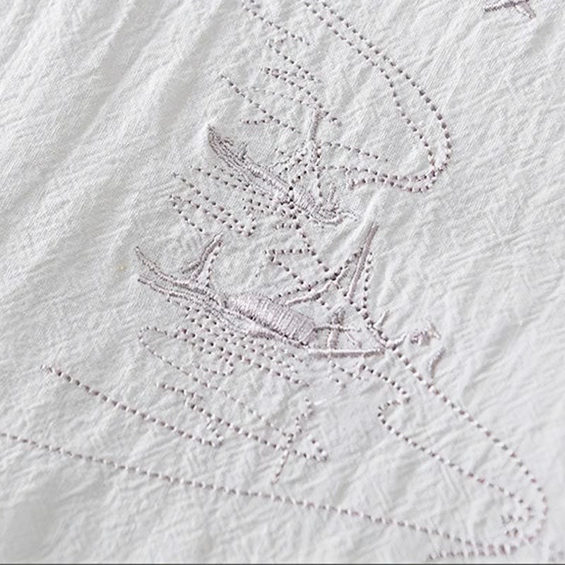 Buddha Stones Froschknopf Mandarin Kragen Stickerei Baumwolle Leinen Kurzarm Herrenhemd