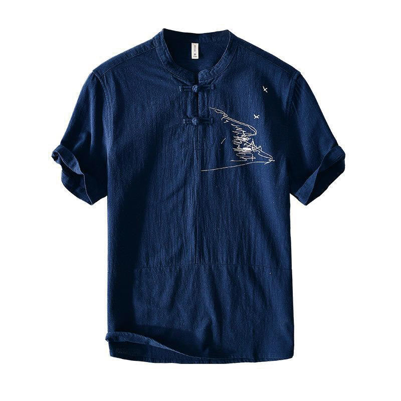 Buddha Stones Froschknopf Mandarin Kragen Stickerei Baumwolle Leinen Kurzarm Herrenhemd