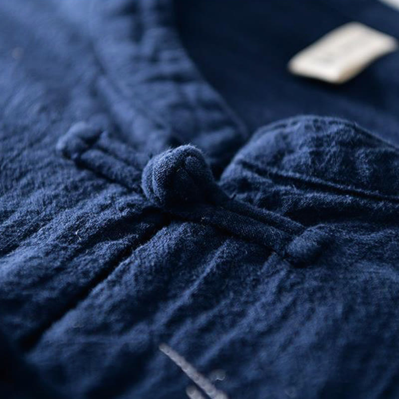 Buddha Stones Froschknopf Mandarin Kragen Stickerei Baumwolle Leinen Kurzarm Herrenhemd