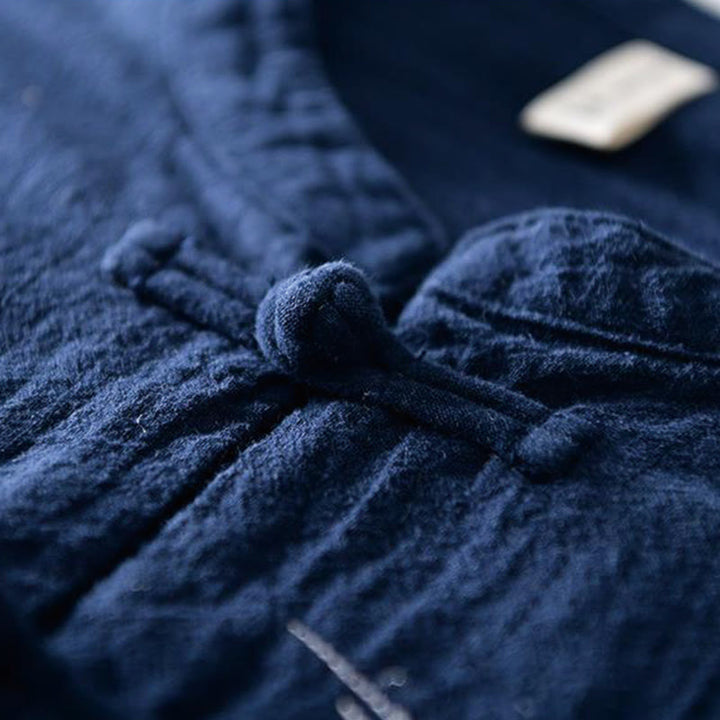 Buddha Stones Froschknopf Mandarin Kragen Stickerei Baumwolle Leinen Kurzarm Herrenhemd