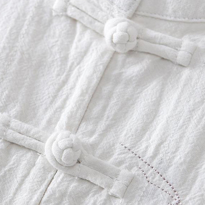 Buddha Stones Froschknopf Mandarin Kragen Stickerei Baumwolle Leinen Kurzarm Herrenhemd