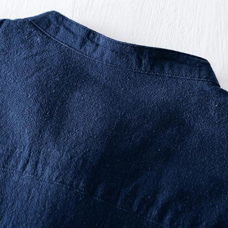 Buddha Stones Froschknopf Mandarin Kragen Stickerei Baumwolle Leinen Kurzarm Herrenhemd