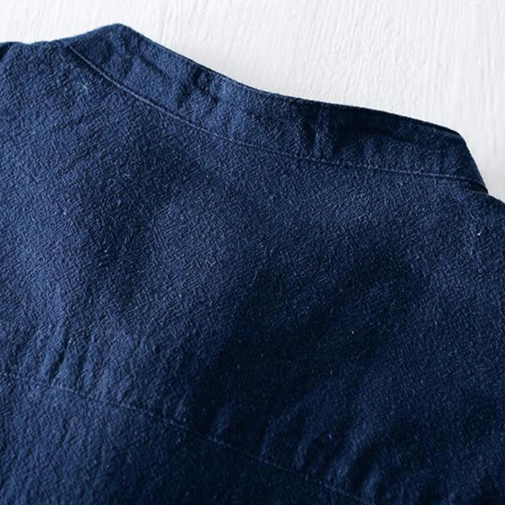 Buddha Stones Froschknopf Mandarin Kragen Stickerei Baumwolle Leinen Kurzarm Herrenhemd