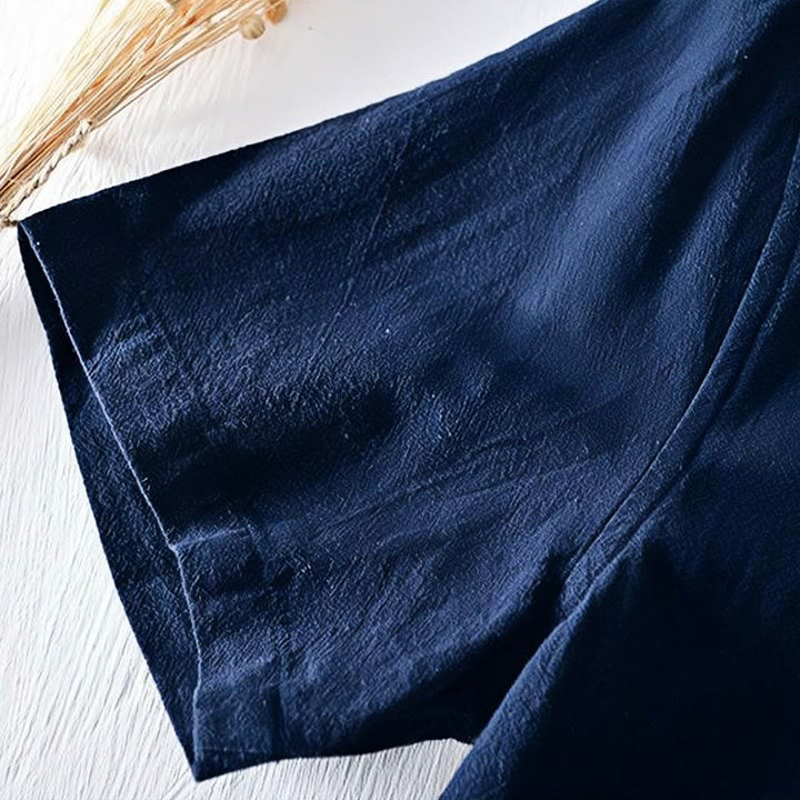 Buddha Stones Froschknopf Mandarin Kragen Stickerei Baumwolle Leinen Kurzarm Herrenhemd