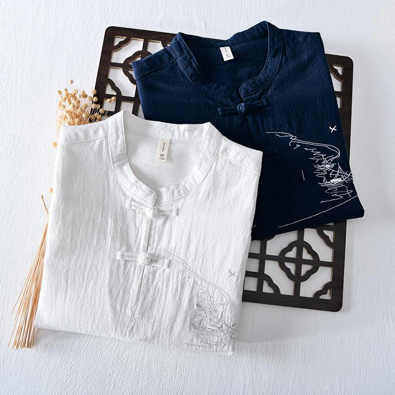 Buddha Stones Froschknopf Mandarin Kragen Stickerei Baumwolle Leinen Kurzarm Herrenhemd