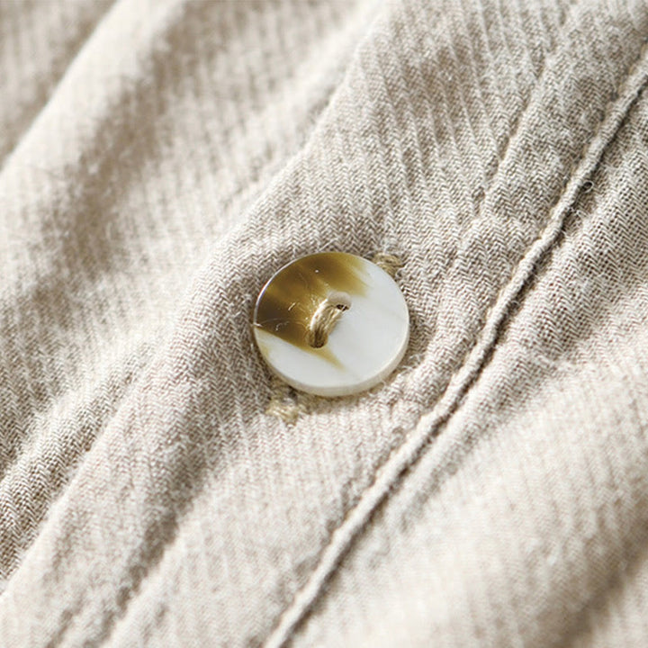 Buddha Stones Herrenhemd mit halblangem Knopf und schlichtem Revers aus Ramie-Leinen