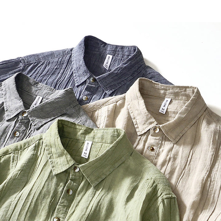 Buddha Stones Herrenhemd mit halblangem Knopf und schlichtem Revers aus Ramie-Leinen