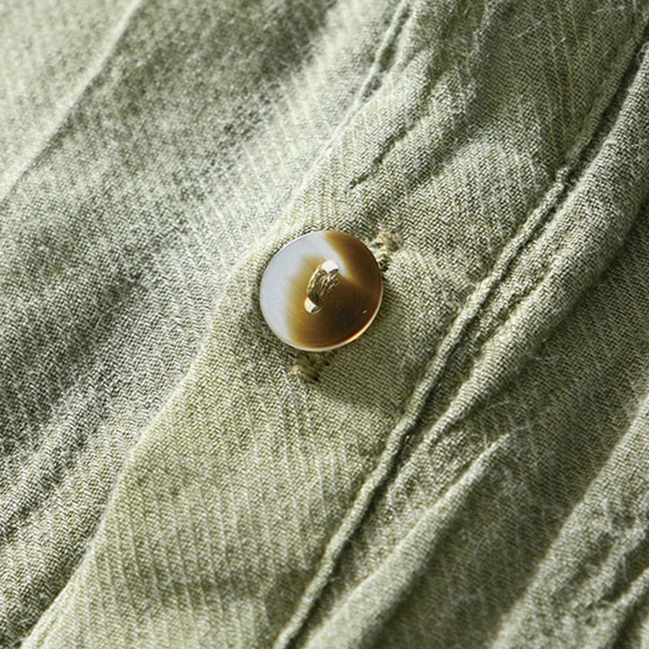 Buddha Stones Herrenhemd mit halblangem Knopf und schlichtem Revers aus Ramie-Leinen