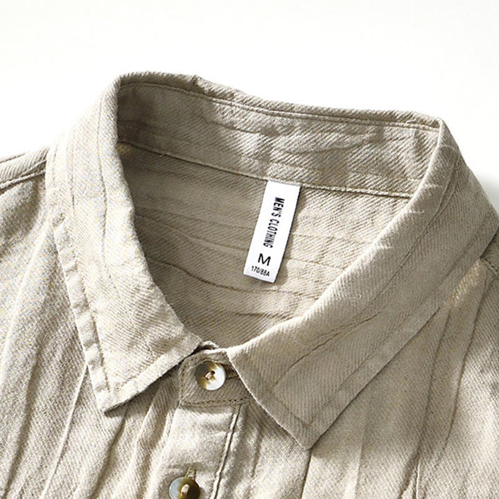 Buddha Stones Herrenhemd mit halblangem Knopf und schlichtem Revers aus Ramie-Leinen