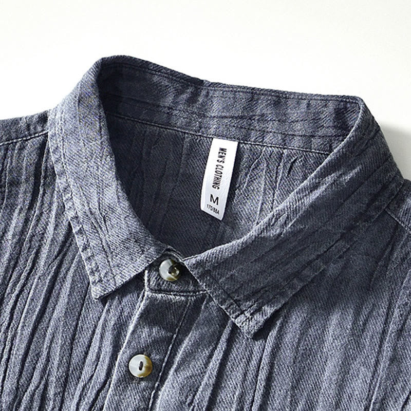 Buddha Stones Herrenhemd mit halblangem Knopf und schlichtem Revers aus Ramie-Leinen