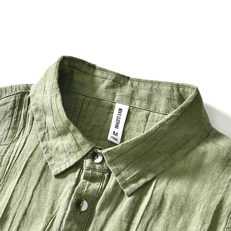 Buddha Stones Herrenhemd mit halblangem Knopf und schlichtem Revers aus Ramie-Leinen