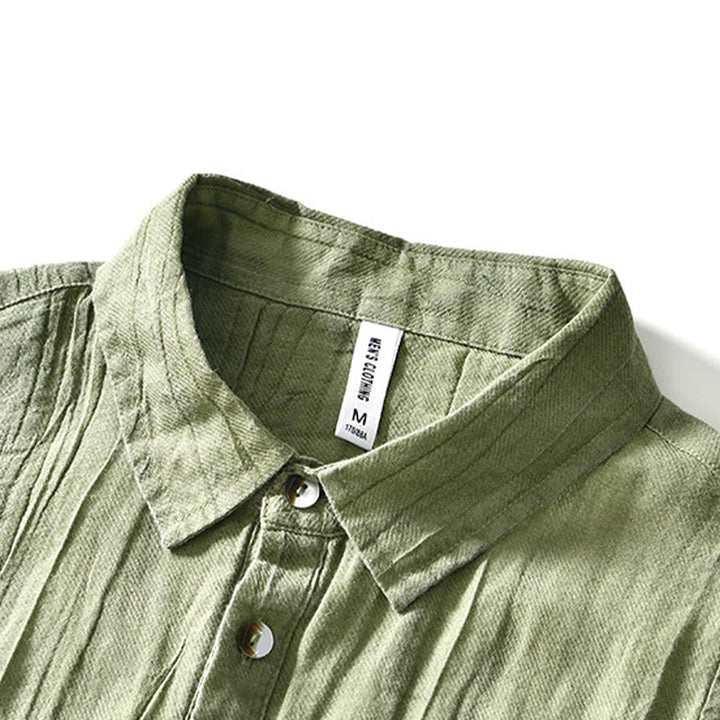 Buddha Stones Herrenhemd mit halblangem Knopf und schlichtem Revers aus Ramie-Leinen