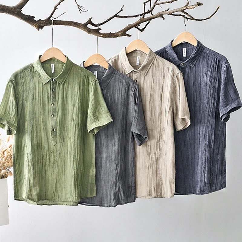 Buddha Stones Herrenhemd mit halblangem Knopf und schlichtem Revers aus Ramie-Leinen