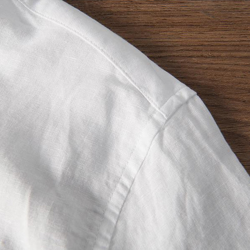 Buddha Stones Soft Stickerei Kranichmuster Stehkragen Baumwolle Leinen Halbknopf Herrenhemd