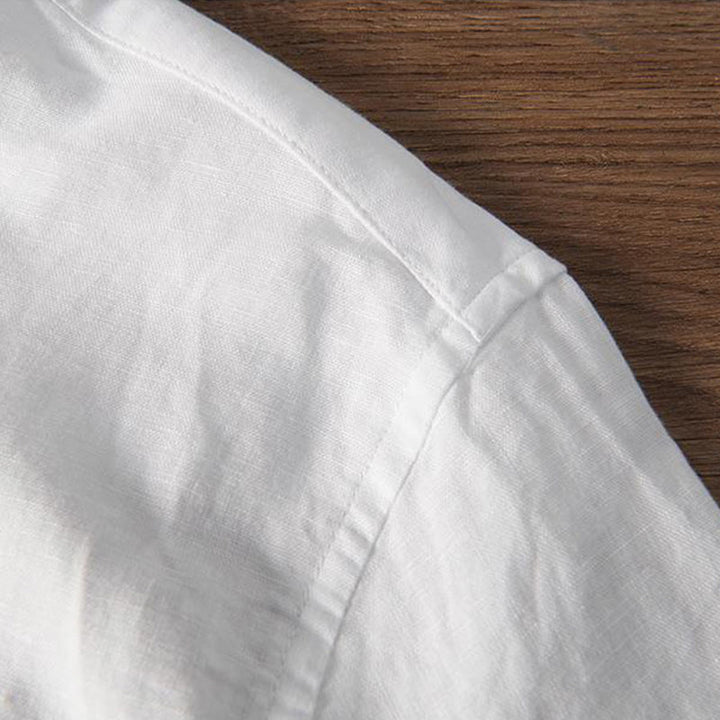 Buddha Stones Soft Stickerei Kranichmuster Stehkragen Baumwolle Leinen Halbknopf Herrenhemd