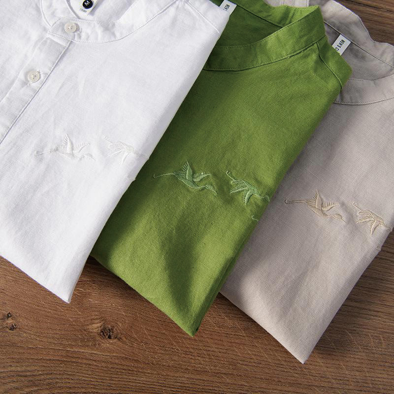 Buddha Stones Soft Stickerei Kranichmuster Stehkragen Baumwolle Leinen Halbknopf Herrenhemd