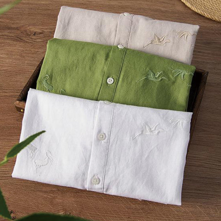 Buddha Stones Soft Stickerei Kranichmuster Stehkragen Baumwolle Leinen Halbknopf Herrenhemd