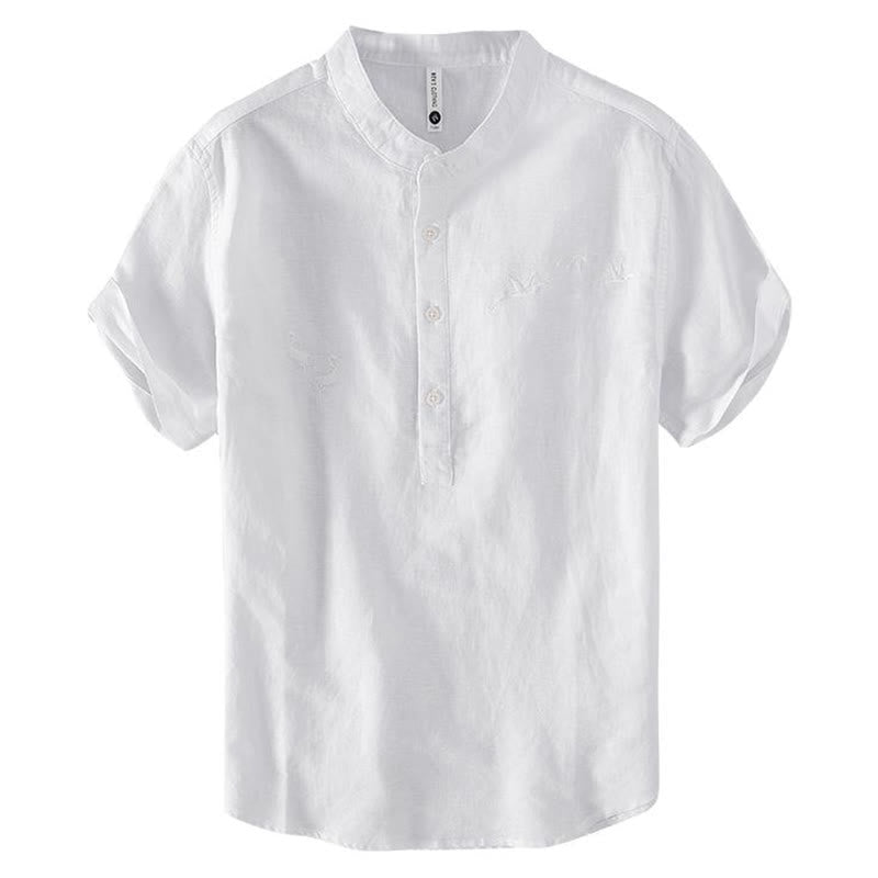 Buddha Stones Soft Stickerei Kranichmuster Stehkragen Baumwolle Leinen Halbknopf Herrenhemd