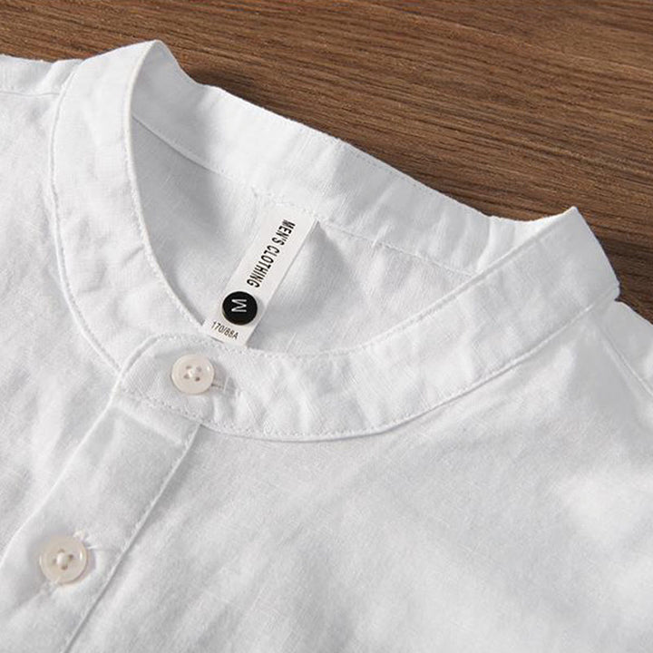 Buddha Stones Soft Stickerei Kranichmuster Stehkragen Baumwolle Leinen Halbknopf Herrenhemd