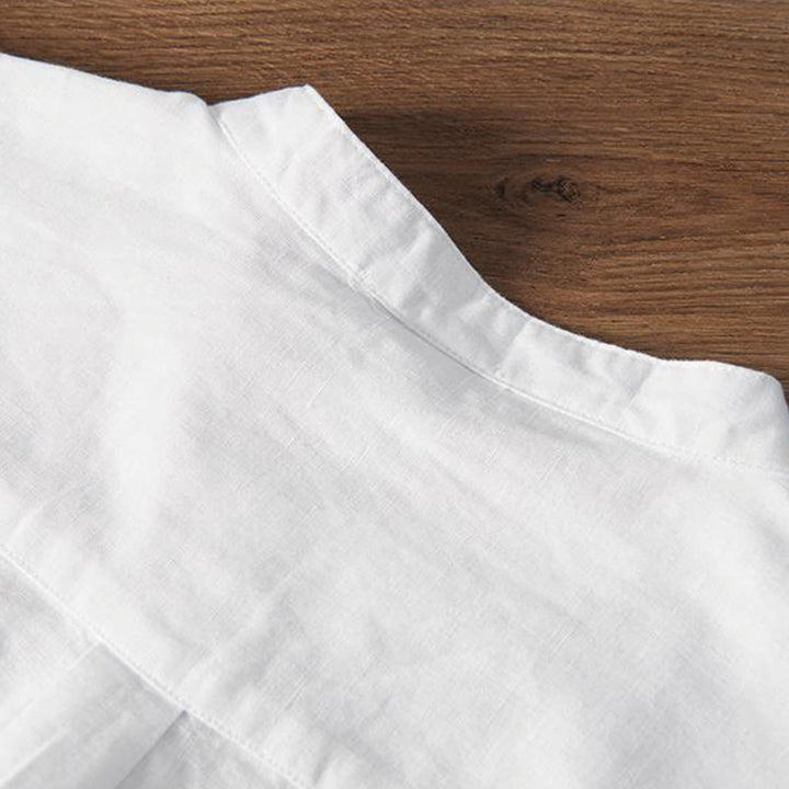 Buddha Stones Soft Stickerei Kranichmuster Stehkragen Baumwolle Leinen Halbknopf Herrenhemd