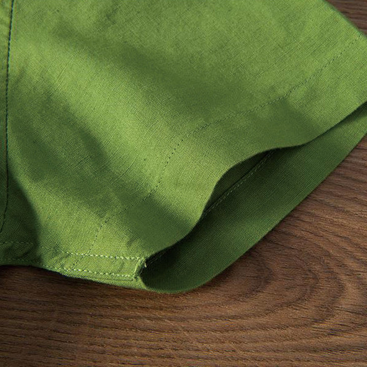 Buddha Stones Soft Stickerei Kranichmuster Stehkragen Baumwolle Leinen Halbknopf Herrenhemd