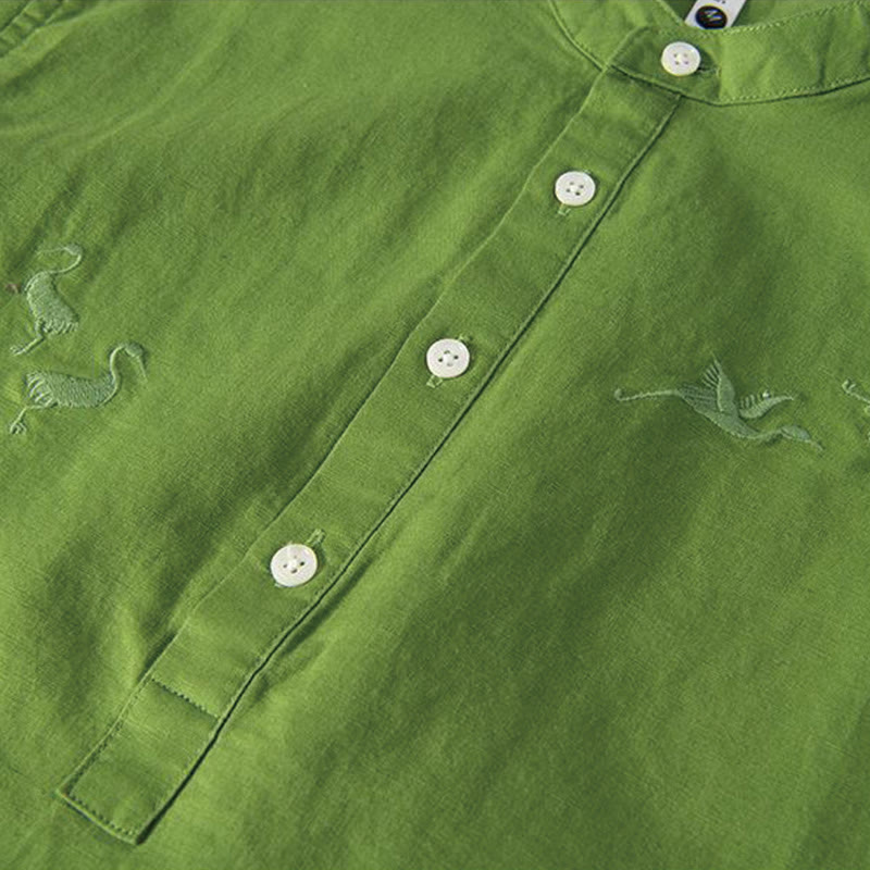 Buddha Stones Soft Stickerei Kranichmuster Stehkragen Baumwolle Leinen Halbknopf Herrenhemd