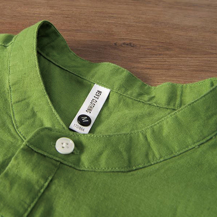 Buddha Stones Soft Stickerei Kranichmuster Stehkragen Baumwolle Leinen Halbknopf Herrenhemd