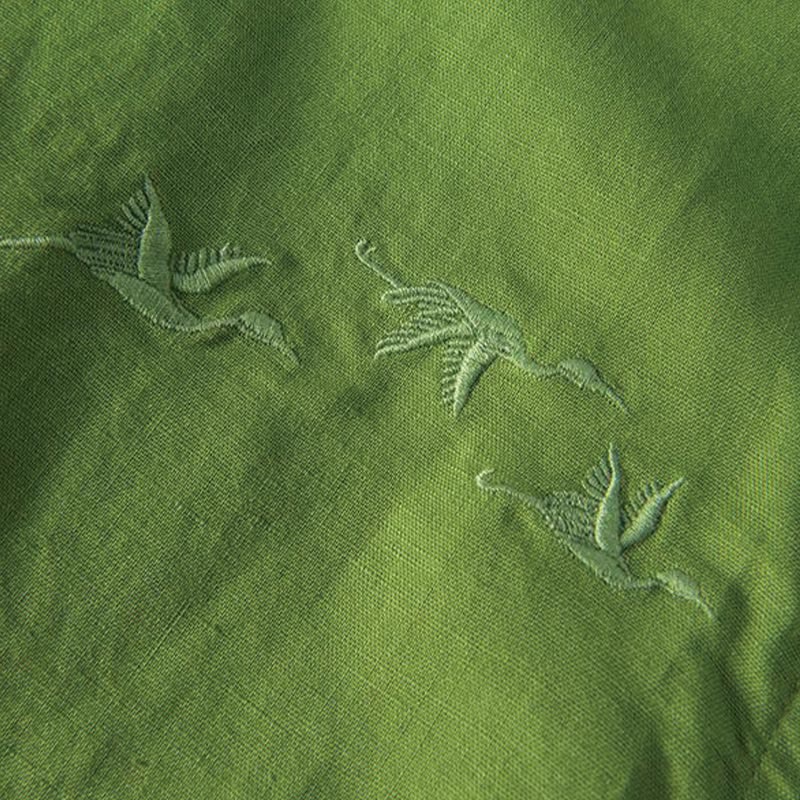 Buddha Stones Soft Stickerei Kranichmuster Stehkragen Baumwolle Leinen Halbknopf Herrenhemd