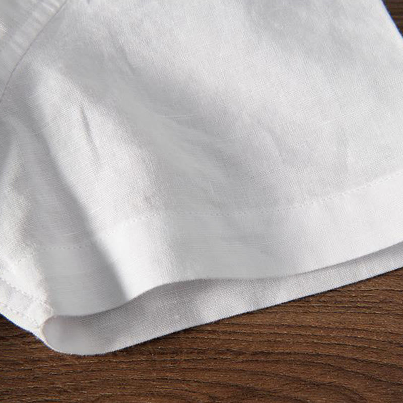 Buddha Stones Soft Stickerei Kranichmuster Stehkragen Baumwolle Leinen Halbknopf Herrenhemd