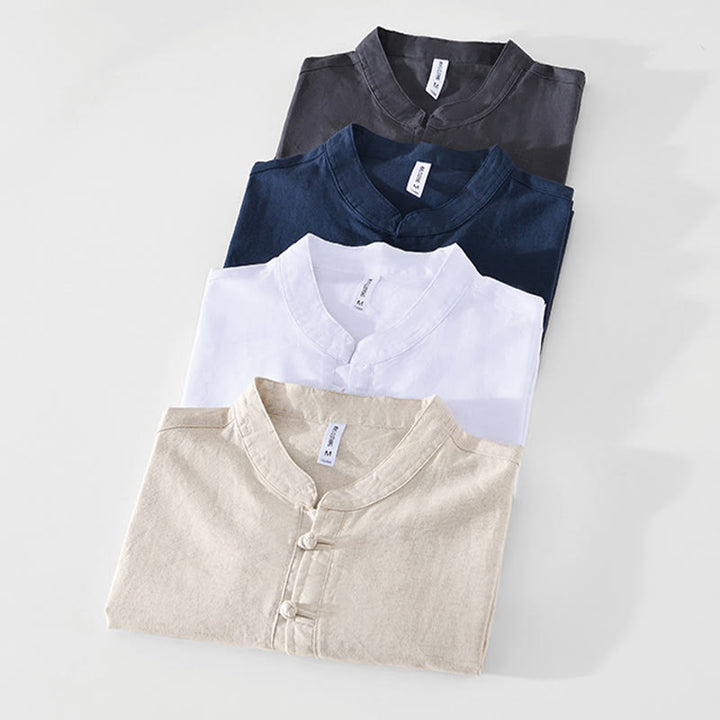 Buddha Stones Weiches, schlichtes Herrenhemd mit Froschknopf und Rundhalsausschnitt aus Baumwolle und Leinen mit halben Knöpfen