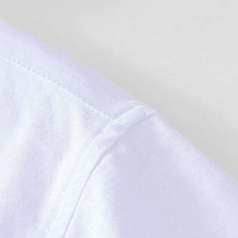 Buddha Stones Weiches, schlichtes Herrenhemd mit Froschknopf und Rundhalsausschnitt aus Baumwolle und Leinen mit halben Knöpfen