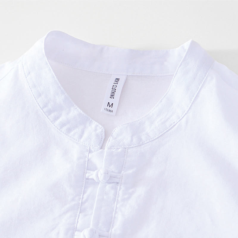 Buddha Stones Weiches, schlichtes Herrenhemd mit Froschknopf und Rundhalsausschnitt aus Baumwolle und Leinen mit halben Knöpfen