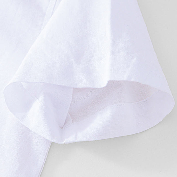 Buddha Stones Weiches, schlichtes Herrenhemd mit Froschknopf und Rundhalsausschnitt aus Baumwolle und Leinen mit halben Knöpfen