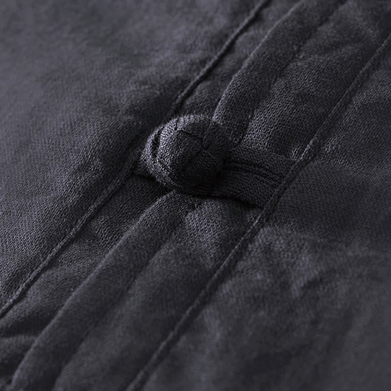 Buddha Stones Weiches, schlichtes Herrenhemd mit Froschknopf und Rundhalsausschnitt aus Baumwolle und Leinen mit halben Knöpfen