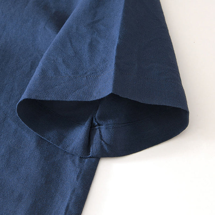 Buddha Stones Weiches, schlichtes Herrenhemd mit Froschknopf und Rundhalsausschnitt aus Baumwolle und Leinen mit halben Knöpfen