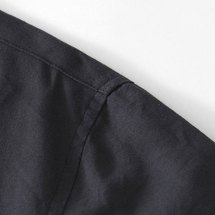 Buddha Stones Weiches, schlichtes Herrenhemd mit Froschknopf und Rundhalsausschnitt aus Baumwolle und Leinen mit halben Knöpfen