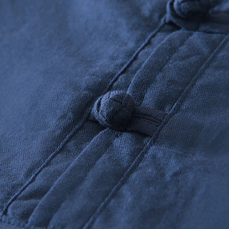 Buddha Stones Weiches, schlichtes Herrenhemd mit Froschknopf und Rundhalsausschnitt aus Baumwolle und Leinen mit halben Knöpfen