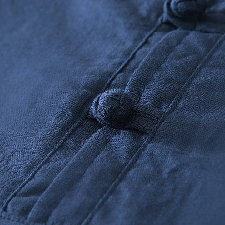 Buddha Stones Weiches, schlichtes Herrenhemd mit Froschknopf und Rundhalsausschnitt aus Baumwolle und Leinen mit halben Knöpfen