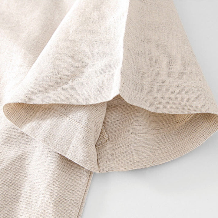 Buddha Stones Weiches, schlichtes Herrenhemd mit Froschknopf und Rundhalsausschnitt aus Baumwolle und Leinen mit halben Knöpfen