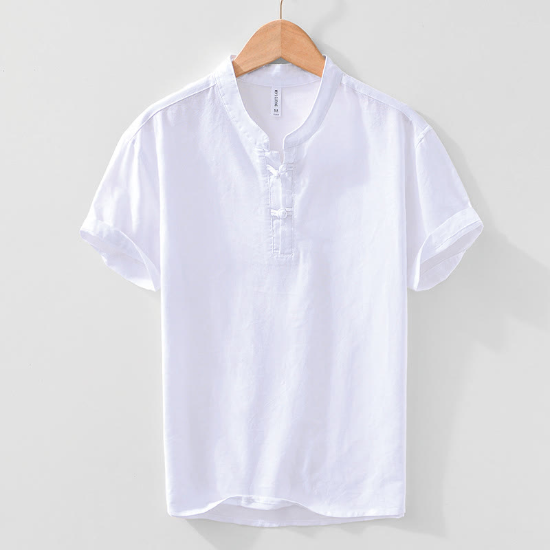 Buddha Stones Weiches, schlichtes Herrenhemd mit Froschknopf und Rundhalsausschnitt aus Baumwolle und Leinen mit halben Knöpfen