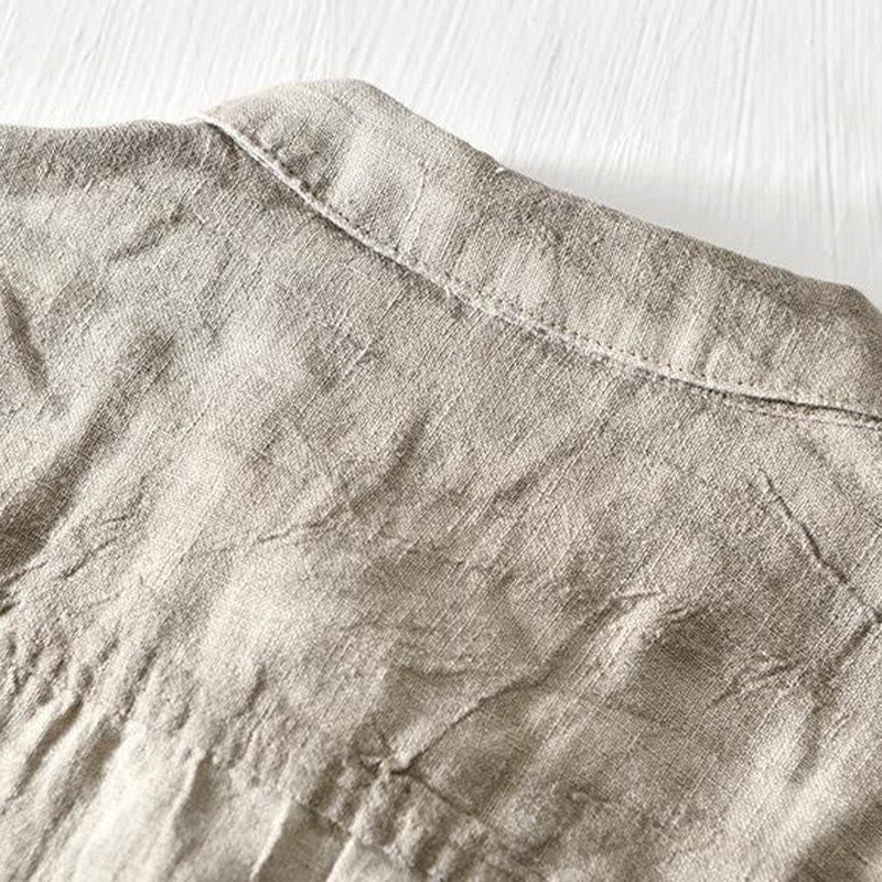 Buddha Stones Herrenhemd aus Leinen mit kurzem Revers und halben Knöpfen, schlichtes Design - image 2