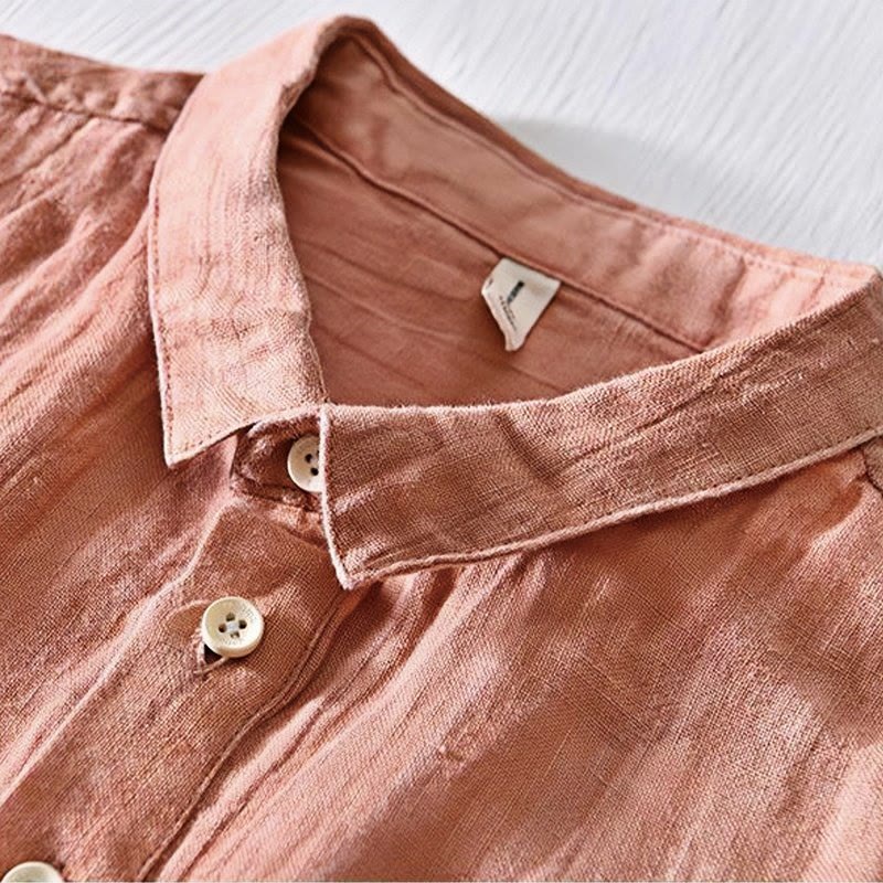 Buddha Stones Herrenhemd aus Leinen mit kurzem Revers und halben Knöpfen, schlichtes Design - image 13