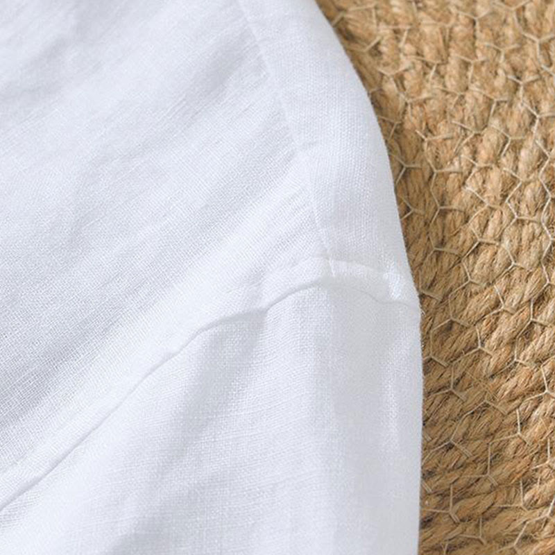 Buddha Stones Lässiges, schlichtes Herrenhemd aus Leinen mit V-Ausschnitt und kurzen Ärmeln